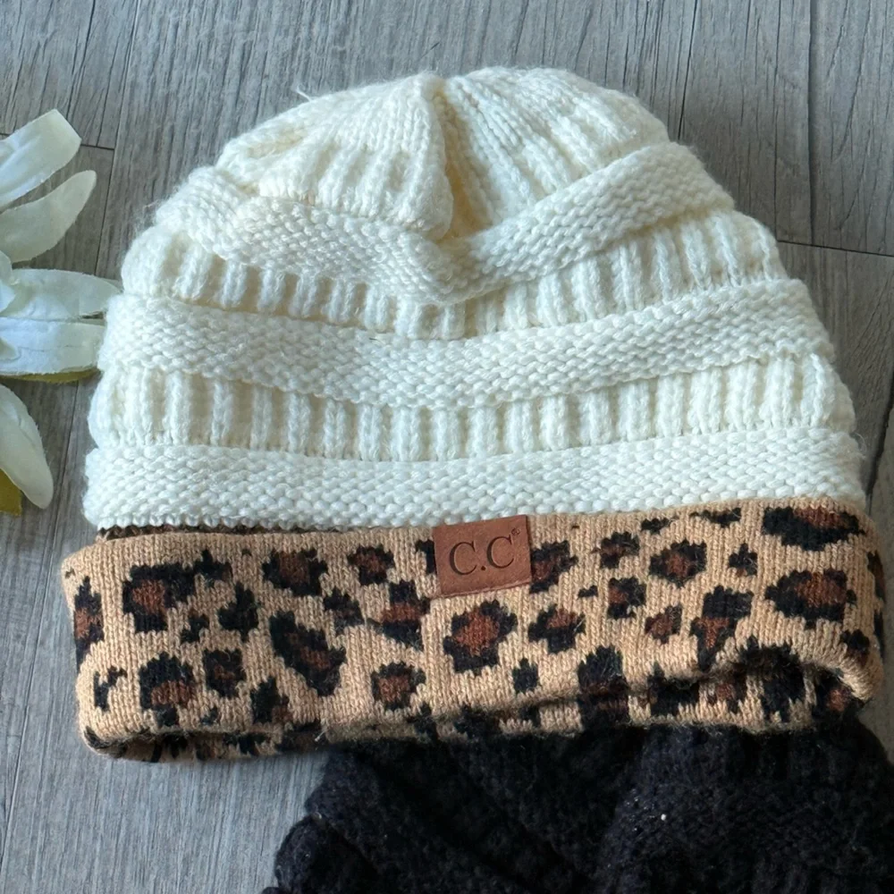 C.C  Black and Cream Leopard Beanie Set - Picture 3 of 3